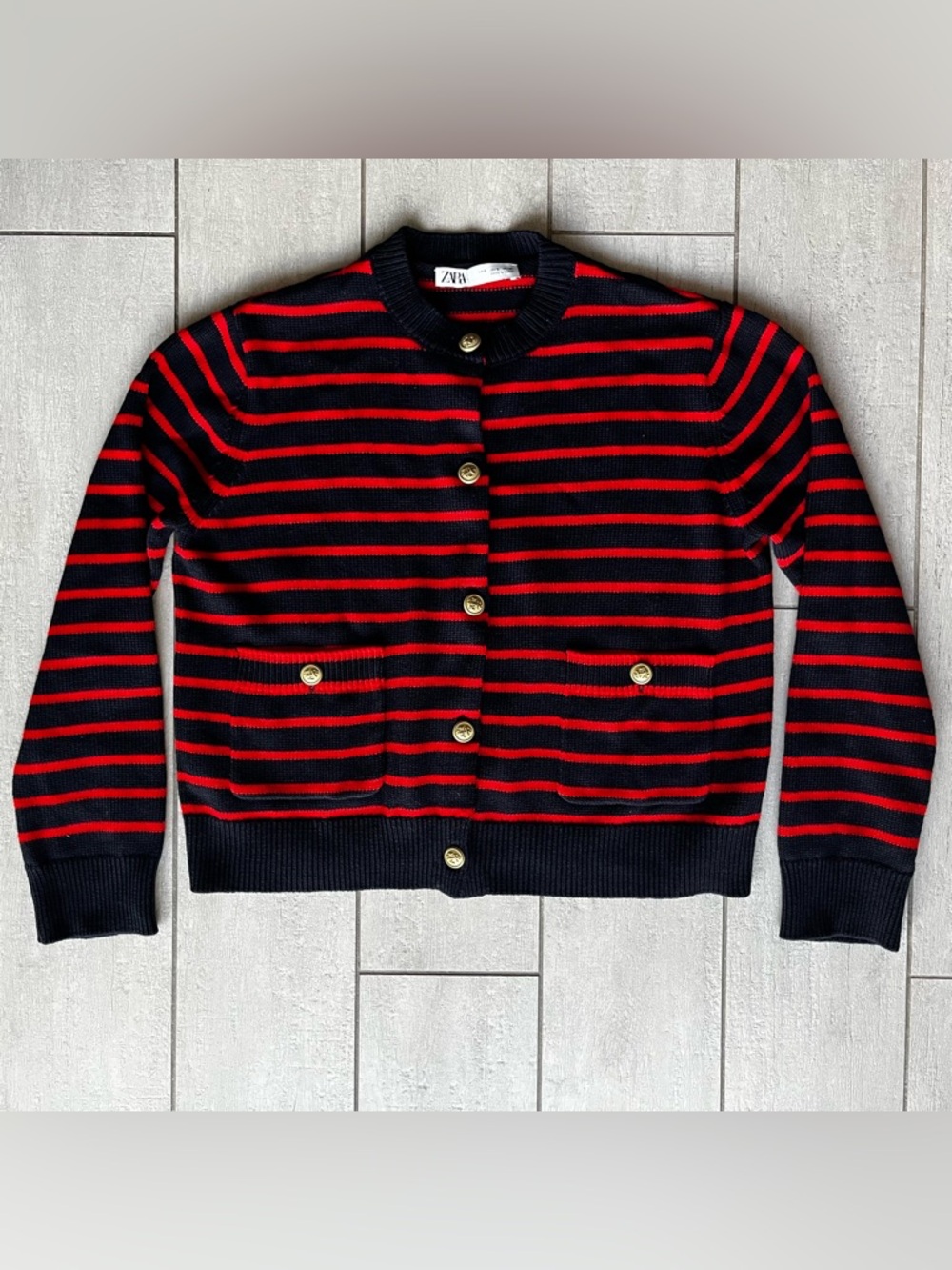 Zara Gold Button Striped Knit Cardigan Red Navy